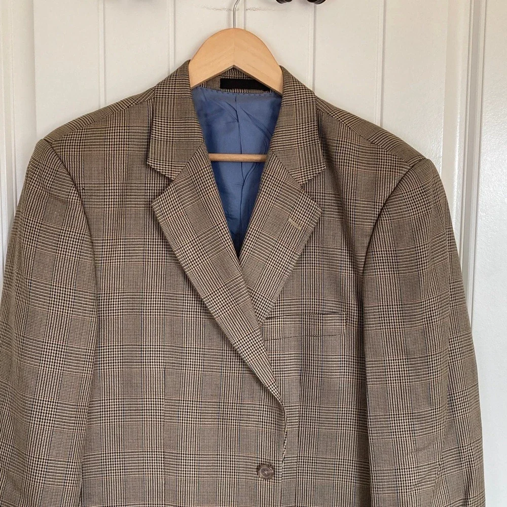 Alan Flusser Mens Classic Brown Plaid‎ 2 Button Blazer Sport Coat Size 44R Wool
